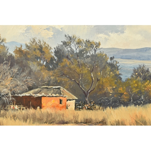 308 - TED HOEFSLOOT (1930-2013) A SOUTH AFRICAN LANDSCAPE WITH DWELLING, signed bottom left, titled winter... 