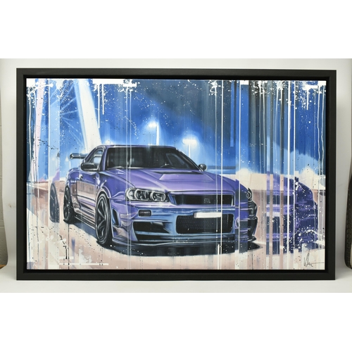 319 - KRIS HARDY (BRITISH 1978) 'GTR II', A NISSAN GTR SPORTS CAR, a contemporary depiction of a purple GT... 