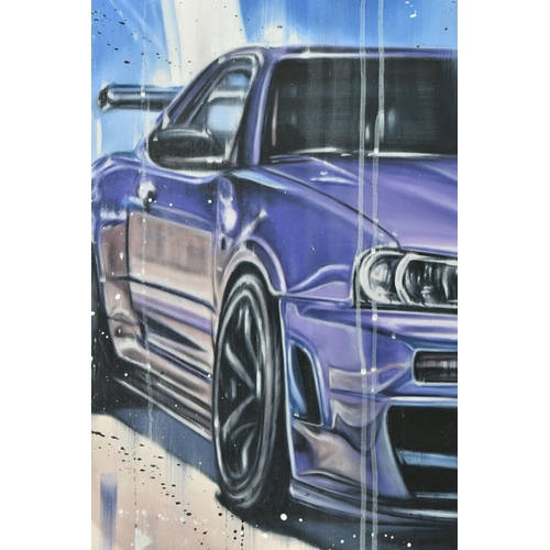 319 - KRIS HARDY (BRITISH 1978) 'GTR II', A NISSAN GTR SPORTS CAR, a contemporary depiction of a purple GT... 