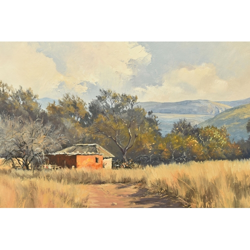 308 - TED HOEFSLOOT (1930-2013) A SOUTH AFRICAN LANDSCAPE WITH DWELLING, signed bottom left, titled winter... 