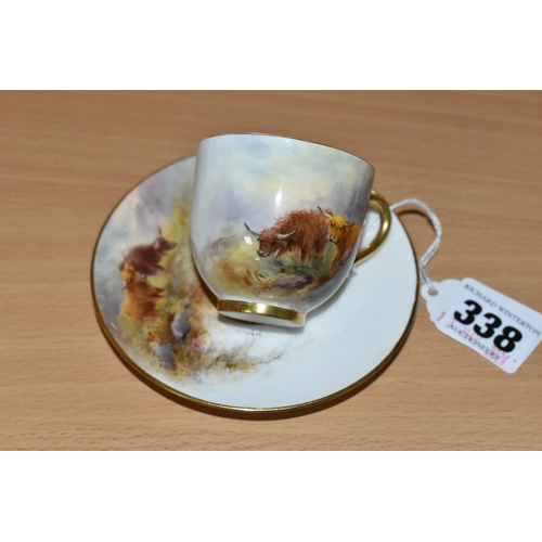 338 - A ROYAL WORCESTER CABINET CUP AND SAUCER BY HARRY STINTON, painted with Highland cattle, each piece ... 