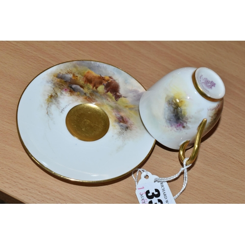 338 - A ROYAL WORCESTER CABINET CUP AND SAUCER BY HARRY STINTON, painted with Highland cattle, each piece ... 