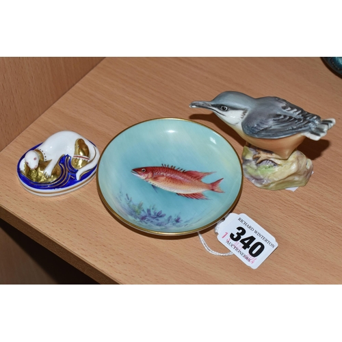 340 - THREE PIECES OF ROYAL WORCESTER PORCELAIN, comprising a 'Spanish Hog' pin dish painted with the fish... 