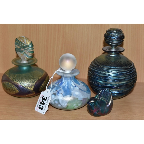 343 - THREE ISLE OF WIGHT GLASS SCENT BOTTLES AND A SMALL BIRD FIGURE, the largest a blue iridescent glass... 