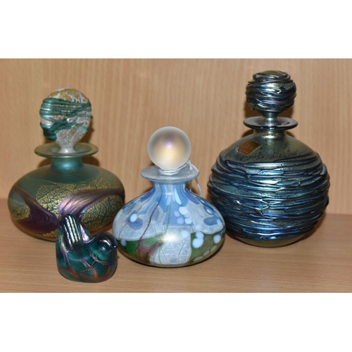 343 - THREE ISLE OF WIGHT GLASS SCENT BOTTLES AND A SMALL BIRD FIGURE, the largest a blue iridescent glass... 