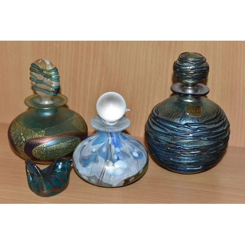 343 - THREE ISLE OF WIGHT GLASS SCENT BOTTLES AND A SMALL BIRD FIGURE, the largest a blue iridescent glass... 