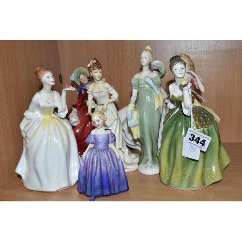 344 - EIGHT ROYAL DOULTON FIGURINES, comprising Fleur HN2368 (hand broken and reglued, back of hand and ro... 