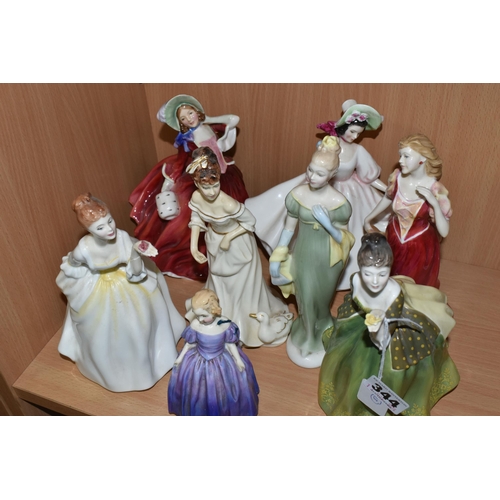 344 - EIGHT ROYAL DOULTON FIGURINES, comprising Fleur HN2368 (hand broken and reglued, back of hand and ro... 