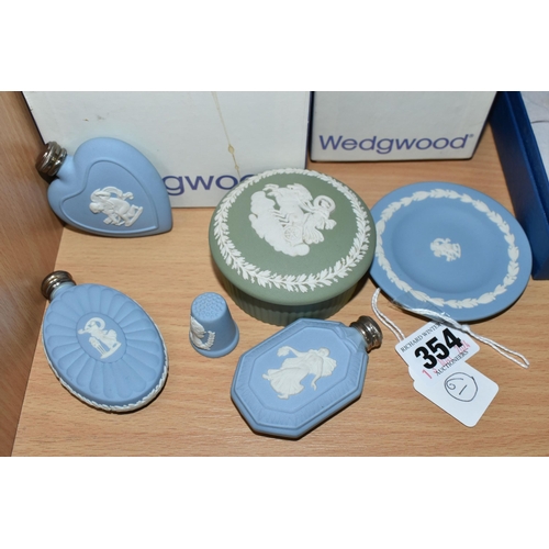 354 - A GROUP OF WEDGWOOD JASPERWARE, ten pieces comprising two boxed vases, four scent bottles - of which... 