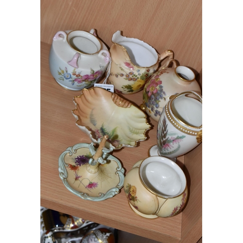 355 - SEVEN PIECES OF WORCESTER PORCELAIN, six pieces of Royal Worcester, comprising a handled vase painte... 