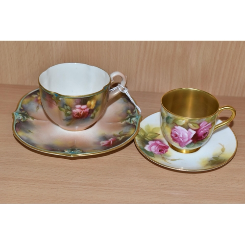 357 - A ROYAL WORCESTER CABINET CUP AND SAUCER, WITH A JAMES HADLEY & SONS TEACUP AND SAUCER, comprising a... 