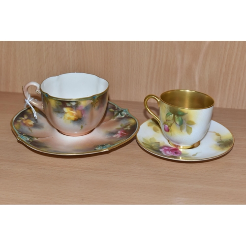 357 - A ROYAL WORCESTER CABINET CUP AND SAUCER, WITH A JAMES HADLEY & SONS TEACUP AND SAUCER, comprising a... 