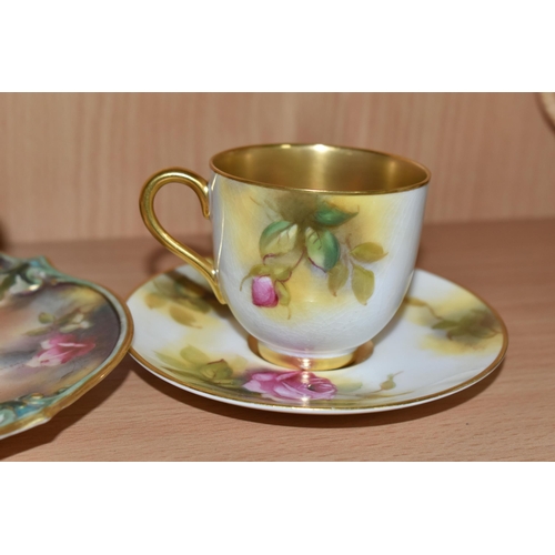 357 - A ROYAL WORCESTER CABINET CUP AND SAUCER, WITH A JAMES HADLEY & SONS TEACUP AND SAUCER, comprising a... 