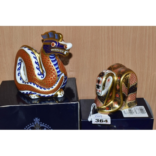 364 - TWO BOXED ROYAL CROWN DERBY PAPERWEIGHTS, comprising Imari Snake, gold stopper, and a Dragon, silver... 