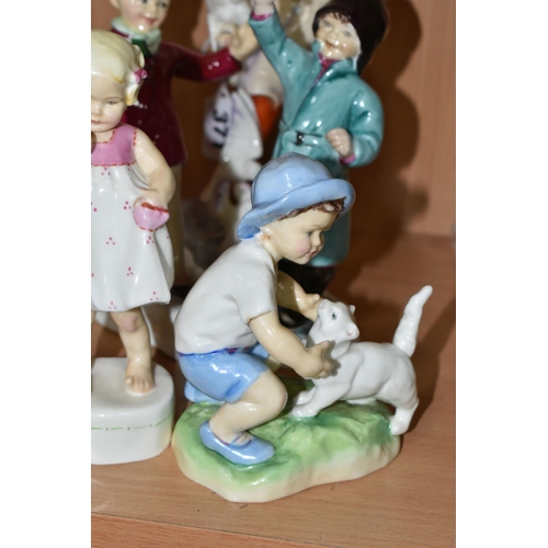 371 - FIVE ROYAL WORCESTER FREDA DOUGHTY FIGURES OF CHILDREN, comprising Only Me no 3226 (repair to hand n... 