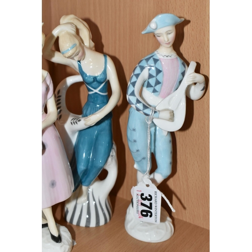 376 - A GROUP OF ROYAL DOULTON FIGURINES, comprising Harlequin HN2186, Wood Nymph HN2192, Columbine HN2185... 