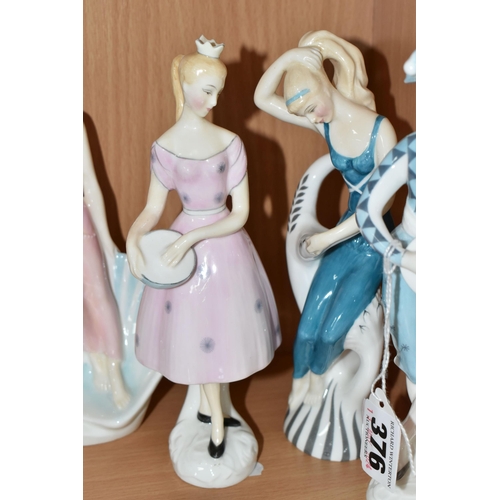 376 - A GROUP OF ROYAL DOULTON FIGURINES, comprising Harlequin HN2186, Wood Nymph HN2192, Columbine HN2185... 