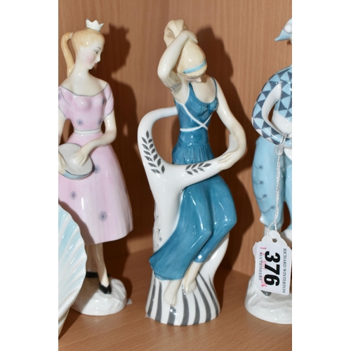 376 - A GROUP OF ROYAL DOULTON FIGURINES, comprising Harlequin HN2186, Wood Nymph HN2192, Columbine HN2185... 