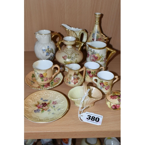 380 - A GROUP OF EARLY WORCESTER MINIATURE IVORY BLUSH PORCELAIN, comprising a flower basket, pin dish G10... 