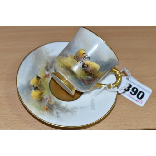 390 - A ROYAL WORCESTER PORCELAIN CABINET CUP AND SAUCER, hand painted depicting Moorland sheep by James S... 