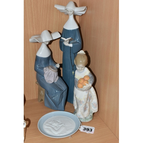 393 - THREE LLADRO FIGURES AND A LLADRO PIN DISH, comprising Time to Sew no. 5501, sculptor Jose Puche, is... 