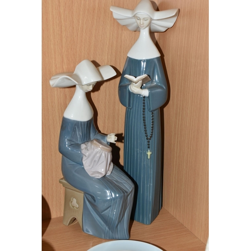 393 - THREE LLADRO FIGURES AND A LLADRO PIN DISH, comprising Time to Sew no. 5501, sculptor Jose Puche, is... 