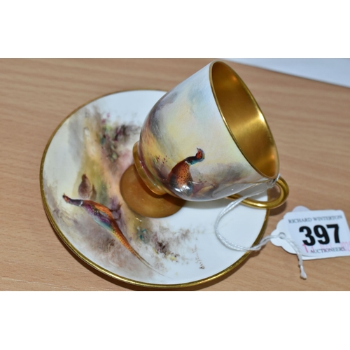 397 - A ROYAL WORCESTER CABINET CUP AND SAUCER, signed by James Stinton, date cypher 1912, decorated with ... 