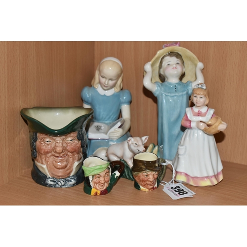 398 - FOUR ROYAL DOULTON FIGURES AND THREE CHARACTER JUGS, comprising 'Alice' HN2158, 'Make Believe' HN222... 