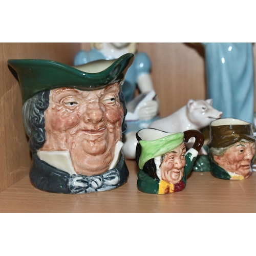 398 - FOUR ROYAL DOULTON FIGURES AND THREE CHARACTER JUGS, comprising 'Alice' HN2158, 'Make Believe' HN222... 