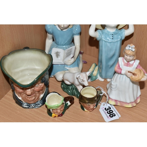 398 - FOUR ROYAL DOULTON FIGURES AND THREE CHARACTER JUGS, comprising 'Alice' HN2158, 'Make Believe' HN222... 