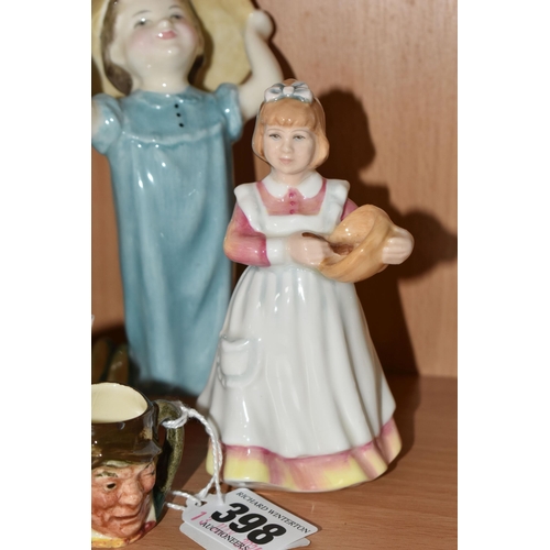 398 - FOUR ROYAL DOULTON FIGURES AND THREE CHARACTER JUGS, comprising 'Alice' HN2158, 'Make Believe' HN222... 