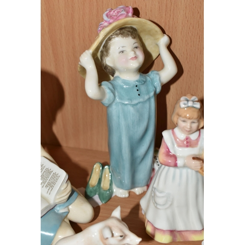 398 - FOUR ROYAL DOULTON FIGURES AND THREE CHARACTER JUGS, comprising 'Alice' HN2158, 'Make Believe' HN222... 