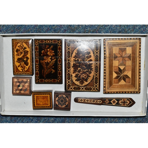 406 - A COLLECTION OF TUNBRIDGEWARE, comprising three parquetry inlaid calling card cases, two are decorat... 