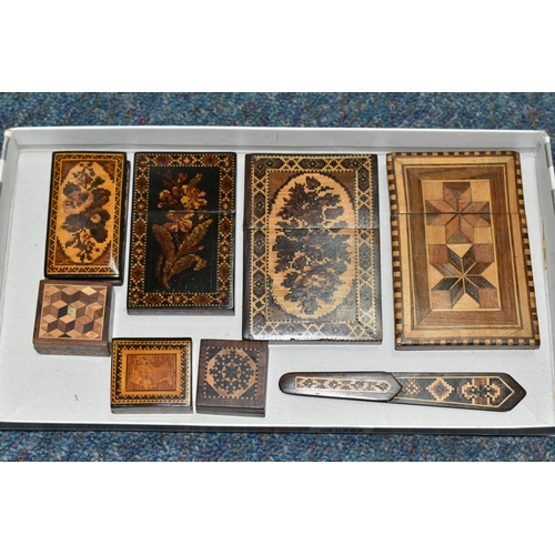 406 - A COLLECTION OF TUNBRIDGEWARE, comprising three parquetry inlaid calling card cases, two are decorat... 