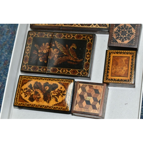 406 - A COLLECTION OF TUNBRIDGEWARE, comprising three parquetry inlaid calling card cases, two are decorat... 