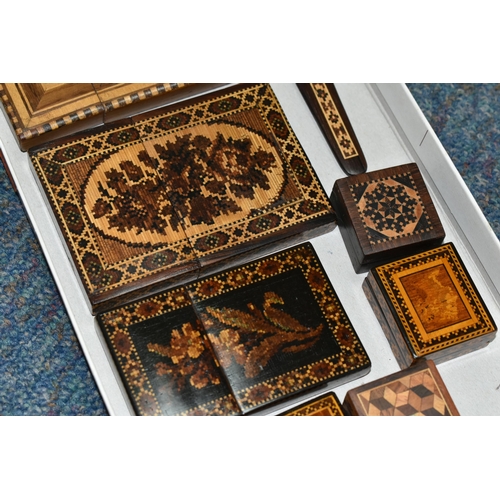 406 - A COLLECTION OF TUNBRIDGEWARE, comprising three parquetry inlaid calling card cases, two are decorat... 