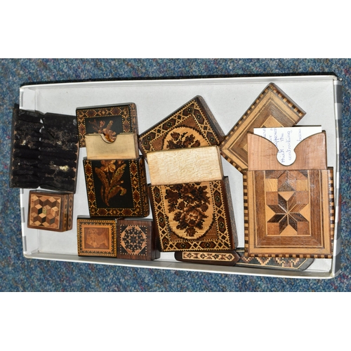 406 - A COLLECTION OF TUNBRIDGEWARE, comprising three parquetry inlaid calling card cases, two are decorat... 