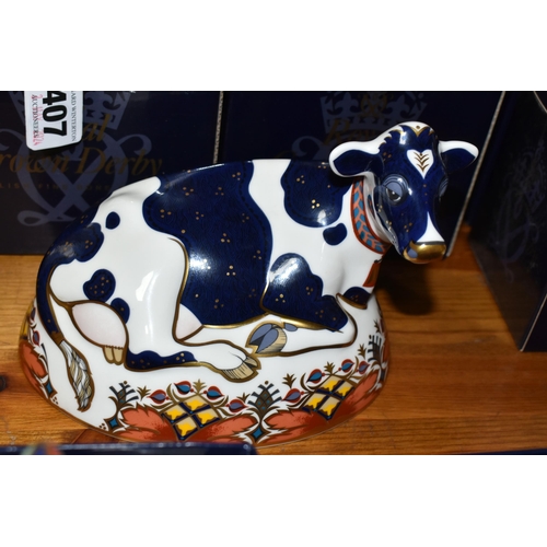 407 - A ROYAL CROWN DERBY IMARI PAPERWEIGHT FRIESIAN COW 'BUTTERCUP' AND TWO BOXED 'FARMYARD COCKERELS', c... 