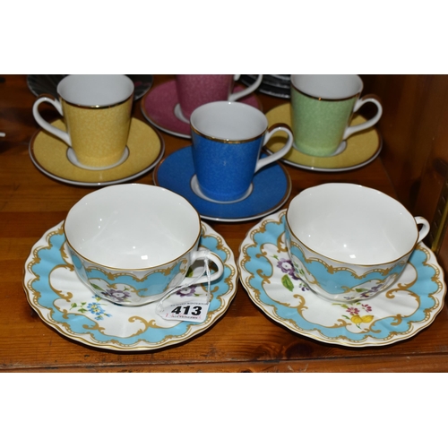 413 - A GROUP OF COFFEE CUPS AND TWO ROYAL WORCESTER 'PRIMULA' TEA CUPS AND SAUCERS, comprising a set of f... 