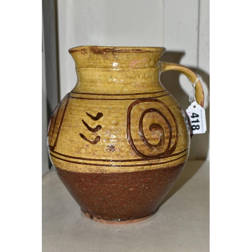 418 - MICHAEL CARDEW (1901-1983) FOR WINCHCOMBE POTTERY, a slip decorated jug with impressed Cardew and Wi... 