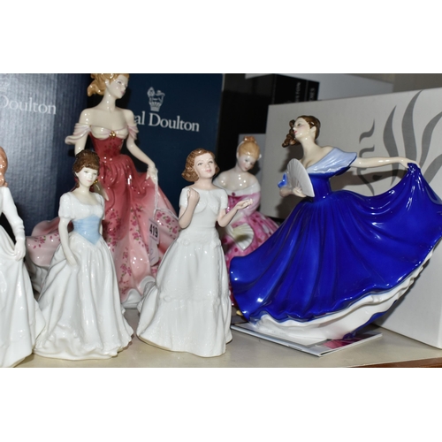 419 - TEN ROYAL DOULTON FIGURINES, comprising Stephanie HN4907 with certificate and box, Elaine HN2791 wit... 