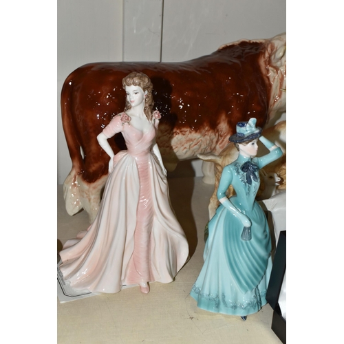 420 - THREE COALPORT LADY FIGURES, THREE ANIMAL FIGURES, EMPTY DIMPLE WHISKY BOTTLES, WATCHES, ETC, the Co... 