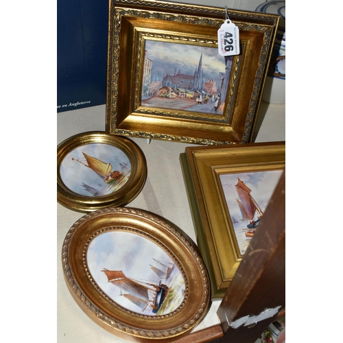 426 - FOUR HAND PAINTED PORCELAIN PLAQUES, comprising a Francis Clark plaque depicting a 19th Century scen... 