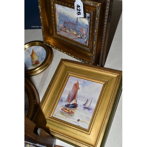 426 - FOUR HAND PAINTED PORCELAIN PLAQUES, comprising a Francis Clark plaque depicting a 19th Century scen... 