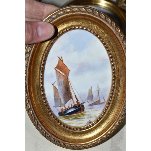 426 - FOUR HAND PAINTED PORCELAIN PLAQUES, comprising a Francis Clark plaque depicting a 19th Century scen... 