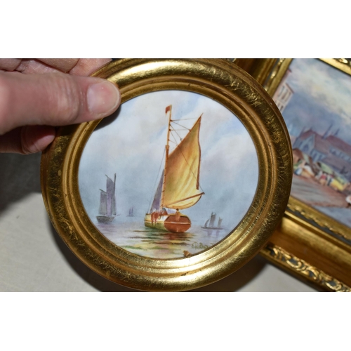 426 - FOUR HAND PAINTED PORCELAIN PLAQUES, comprising a Francis Clark plaque depicting a 19th Century scen... 