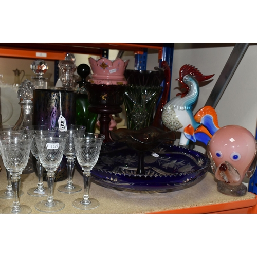 437 - A COLLECTION OF VARIOUS DECORATIVE GLASSWARE including three Murano style art  glass objects, six gl... 