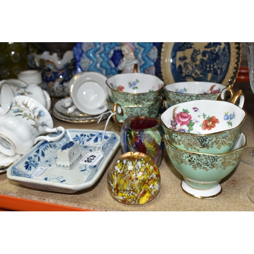 438 - A VARIETY OF CERAMICS AND GLASSWARE INCLUDING A ROYAL ALBERT TEA SET,  A VICTORIAN GLASS DUMP PAPERW... 