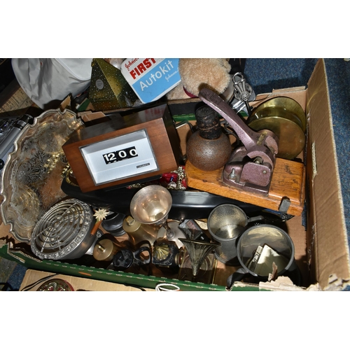 443 - THREE BOXES AND LOOSE COLLECTION OF METALWORK AND SUNDRIES INCLUDING A 19TH CENTURY POCKET MICROSCOP... 