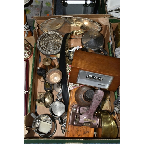 443 - THREE BOXES AND LOOSE COLLECTION OF METALWORK AND SUNDRIES INCLUDING A 19TH CENTURY POCKET MICROSCOP... 